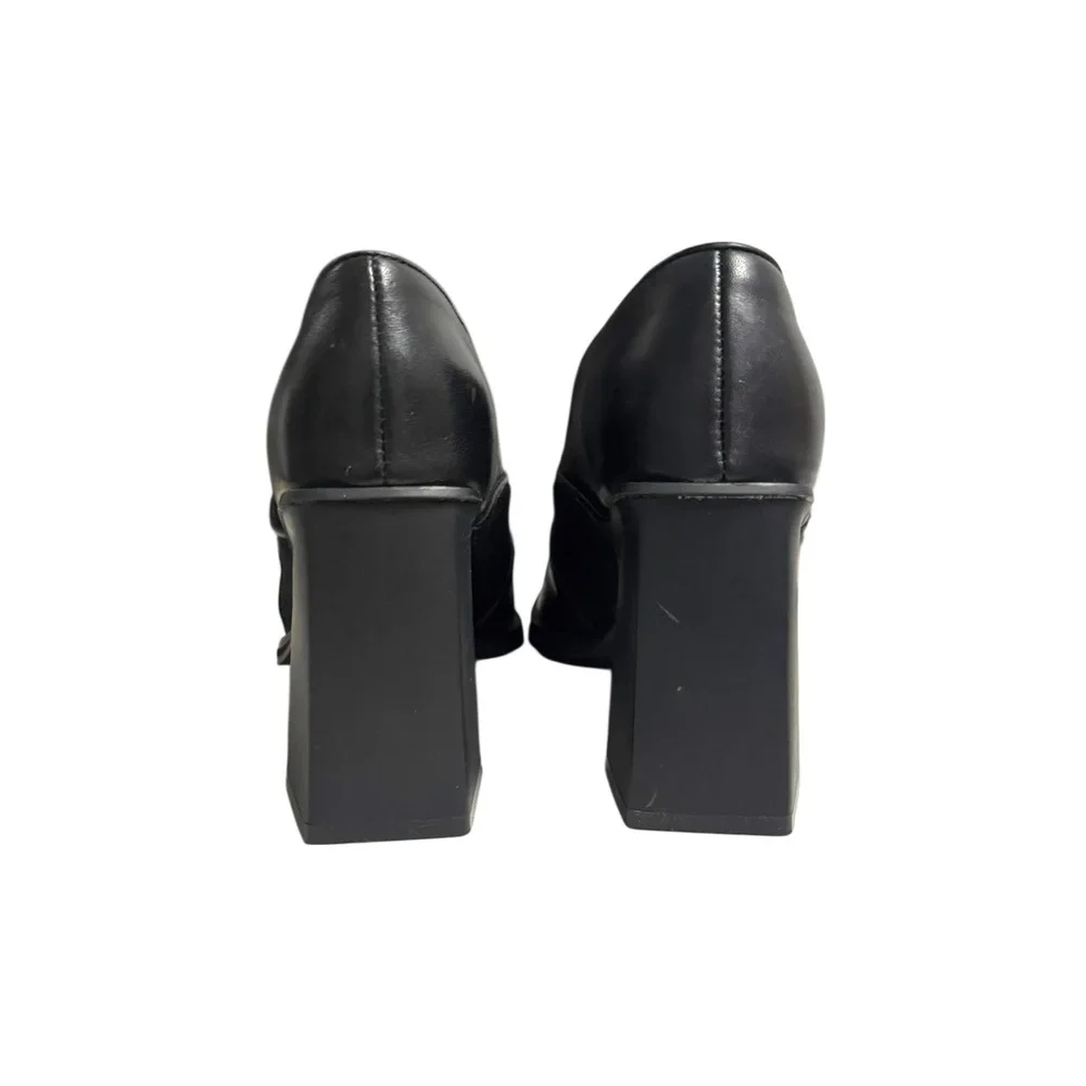 Turbo Cat Black Leather‎ Fur Accent Block Heel Square Toe Booties Women's 5.5M